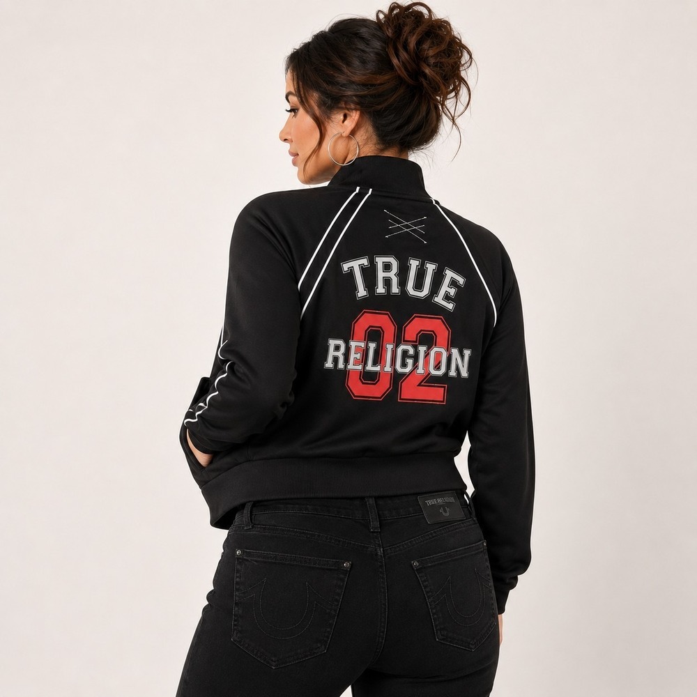 True Religion Jacket Large Black Red Cropped Athletic Fit Zip Up Pockets Track